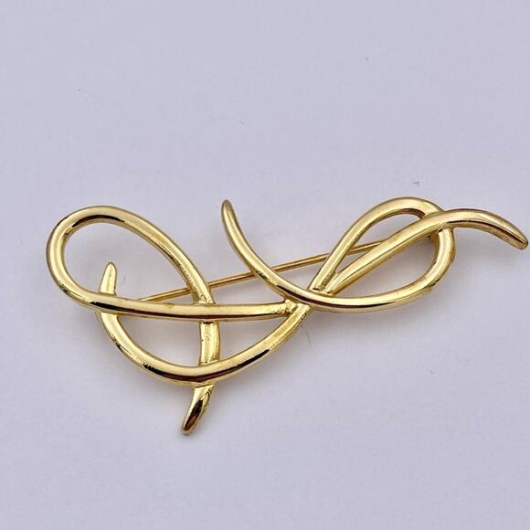 Vintage Smooth Gold Tone Abstract Pretzel Brooch - Picture 1 of 11